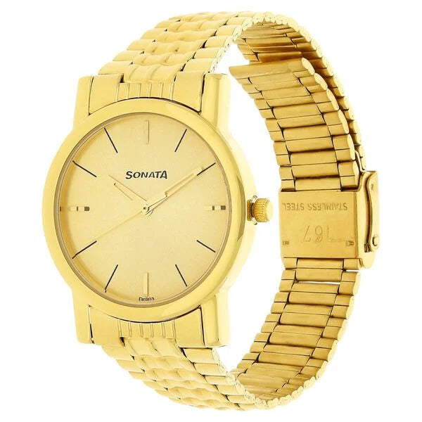 Sonata NP7987YM06W | Sonata Quartz Champagne Dial Golden Stainless Steel Strap Watch For Men