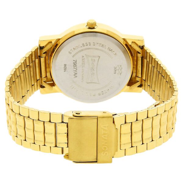 Sonata NP7987YM06W | Sonata Quartz Champagne Dial Golden Stainless Steel Strap Watch For Men