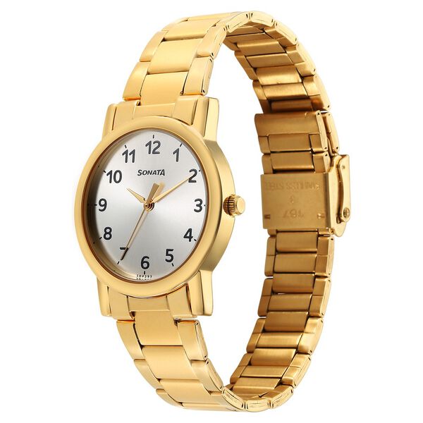 Sonata NS7987YM11W | Sonata Classic Quartz Analog Silver Dial Golden Stainless Steel Strap Watch for Men