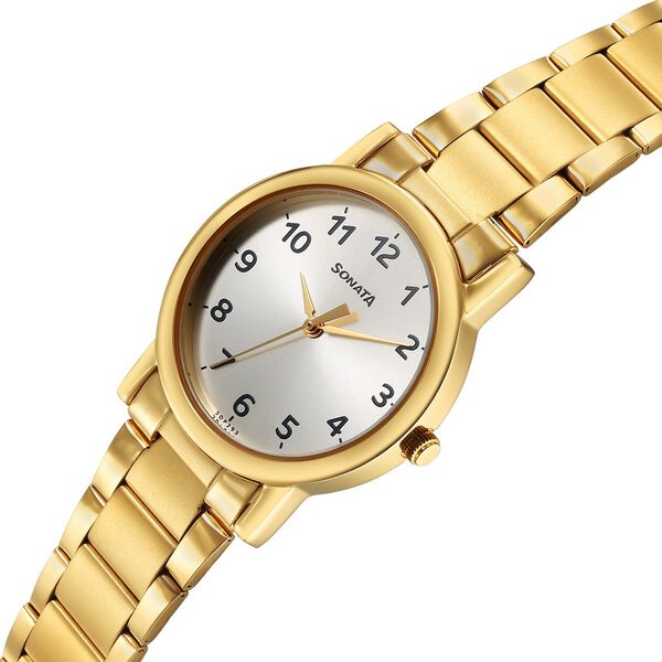 Sonata NS7987YM11W | Sonata Classic Quartz Analog Silver Dial Golden Stainless Steel Strap Watch for Men