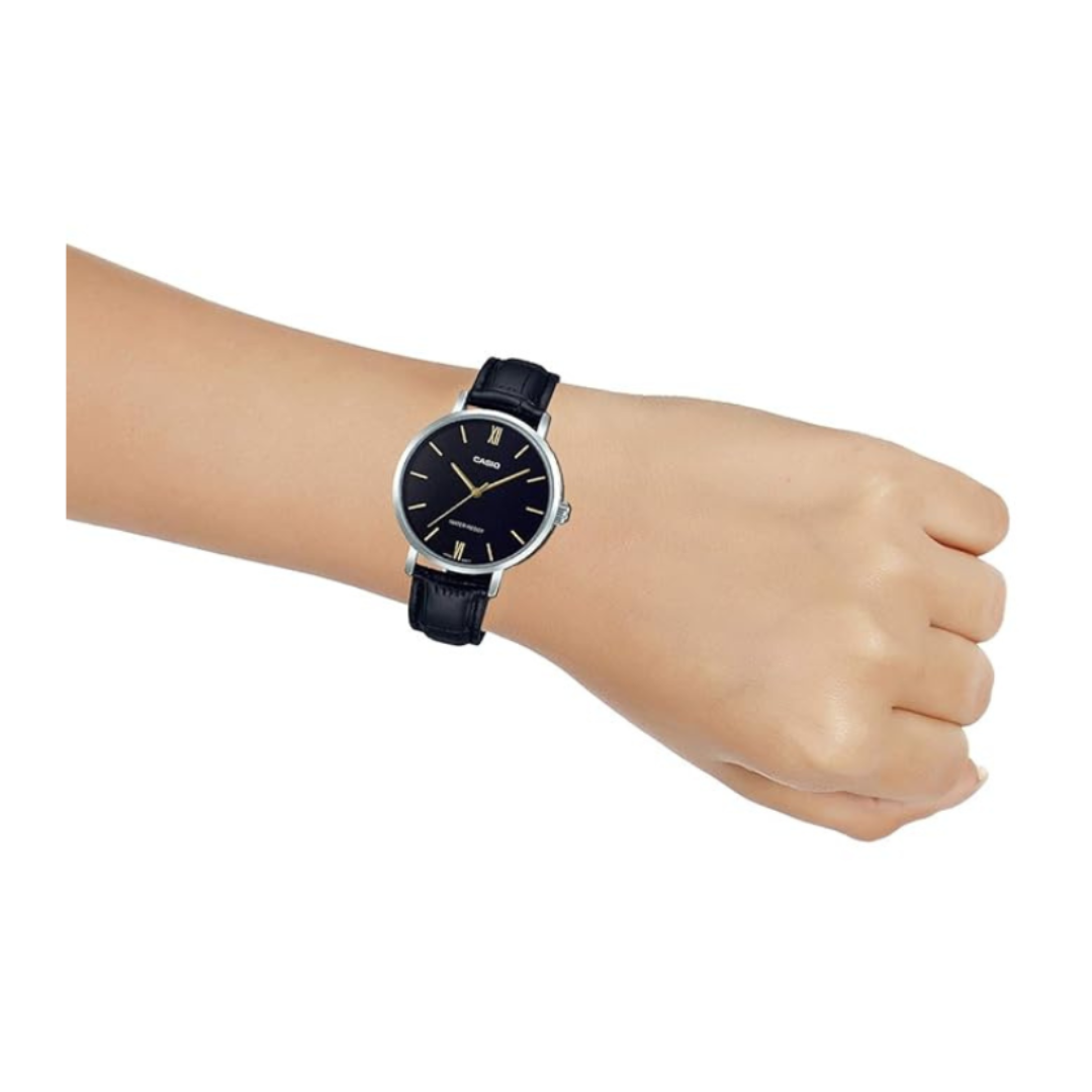 Casio LTP-VT01L-1BUDF A1626 | Enticer Women Quartz Black Dial Analog Leather Watch