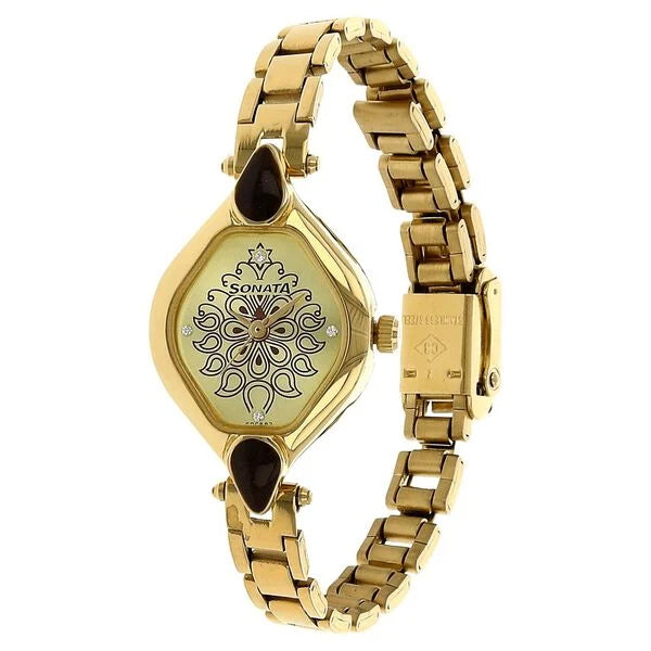 Sonata NJ8063YM06C | Sonata Quartz Analog Champagne Dial Stainless Steel Strap Watch for Women