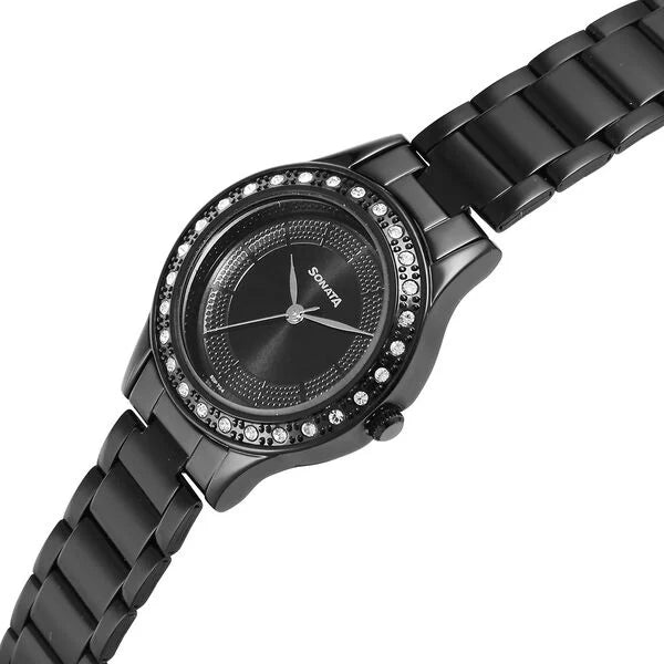 Sonata 8123NM01 | Sonata Quartz Analog Black Stainless Steel Strap for Women