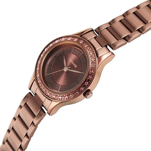 Sonata 8123QM01 | Sonata Quartz Analog Brown Stainless Steel Strap for Women