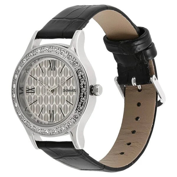 Sonata 8123SL03 | Sonata Stardust White Dial Women Watch With Leather Strap
