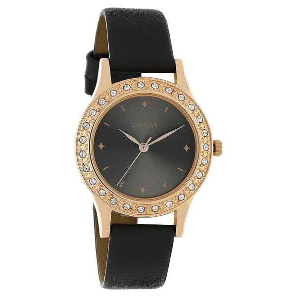 Sonata 8123WL01 | Sonata Blush Anthracite Dial Women Watch With Leather Strap