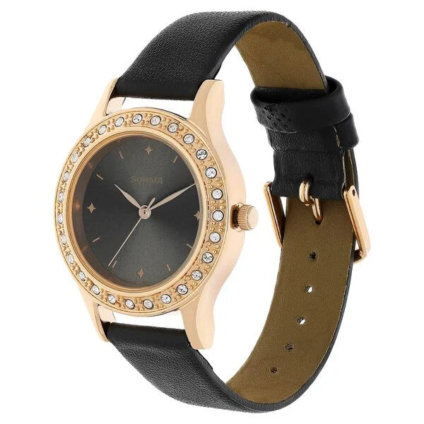 Sonata 8123WL01 | Sonata Blush Anthracite Dial Women Watch With Leather Strap