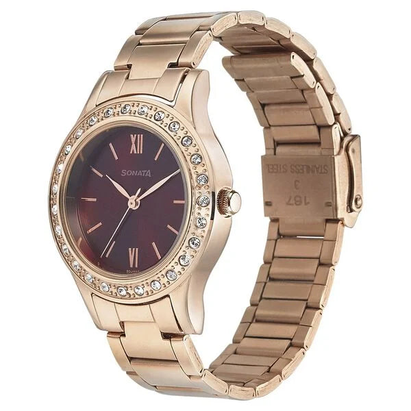 Sonata 8123WM02 | Sonata Blush It Up Maroon Dial Women Watch With Stainless Steel Strap