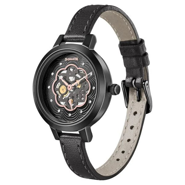 Sonata 8141NL04 | Sonata Unveil Black Dial Women Watch With Leather Strap