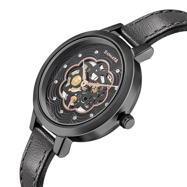 Sonata 8141NL04 | Sonata Unveil Black Dial Women Watch With Leather Strap