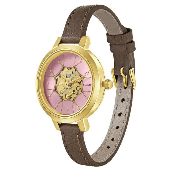 Sonata 8141YL02 | Sonata Unveil Quartz Multifunction Leather Strap Watch for Women