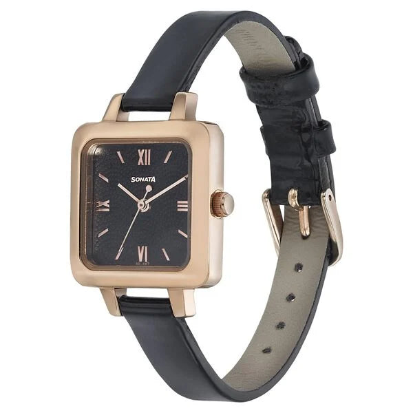 Sonata 8152WL01 | Sonata Blush It Up Black Dial Women Watch With Leather Strap