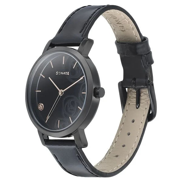 Sonata NP8164NL02 | Sonata Onyx Black Dial Women Watch With Leather Strap