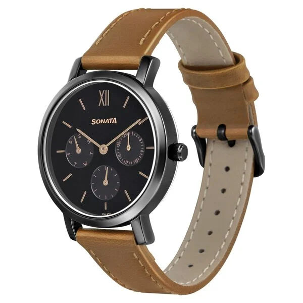 Sonata NP8164NL03 | Sonata Multifunctions Black Dial Women Watch With Leather Strap