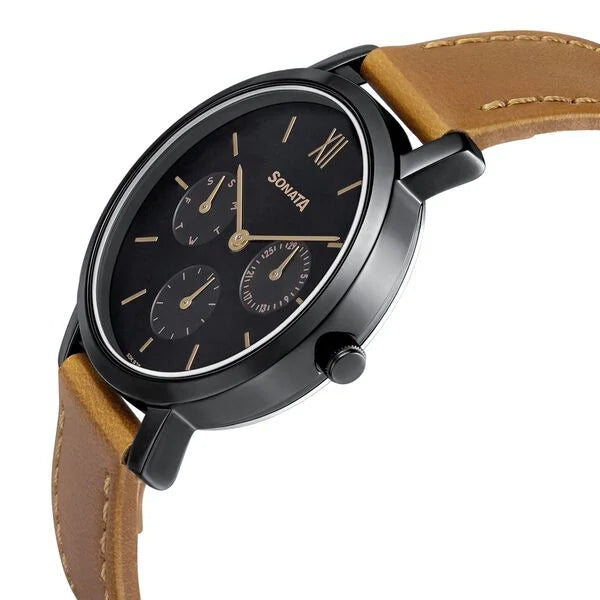 Sonata NP8164NL03 | Sonata Multifunctions Black Dial Women Watch With Leather Strap