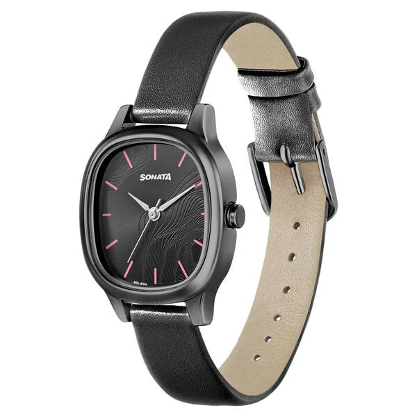 Sonata 8173NL01 | Sonata Linnea Black Dial Women Watch With Leather Strap