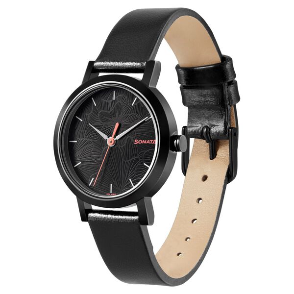 Sonata NS8174NL01 | Sonata Linnea Black Dial Women Watch With Leather Strap