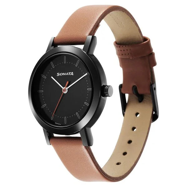 Sonata NS8174NL03 | Sonata Essentials Black Dial Leather Strap Watch for Women