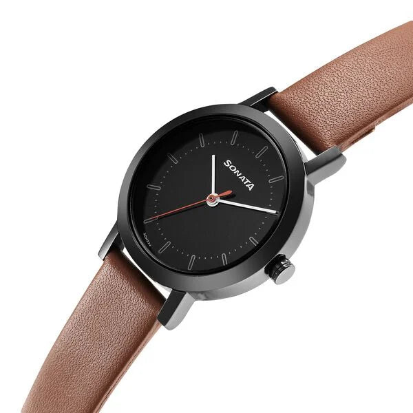 Sonata NS8174NL03 | Sonata Essentials Black Dial Leather Strap Watch for Women