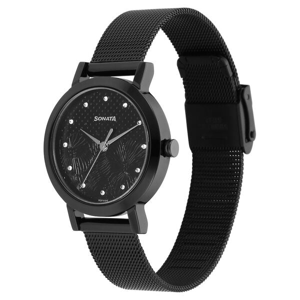 Sonata 8174NM02 | Sonata Quartz Analog Black Stainless Steel Strap for Women