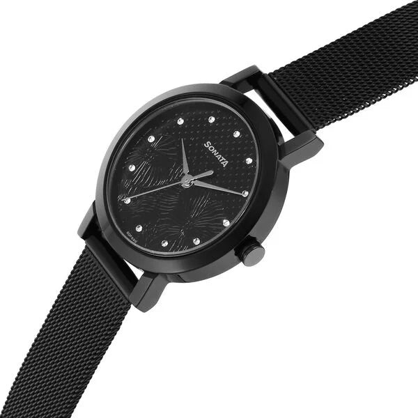 Sonata 8174NM02 | Sonata Quartz Analog Black Stainless Steel Strap for Women