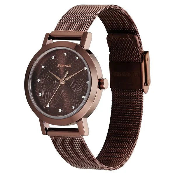 Sonata 8174QM02 | Sonata Quartz Analog Brown Stainless Steel Strap for Women