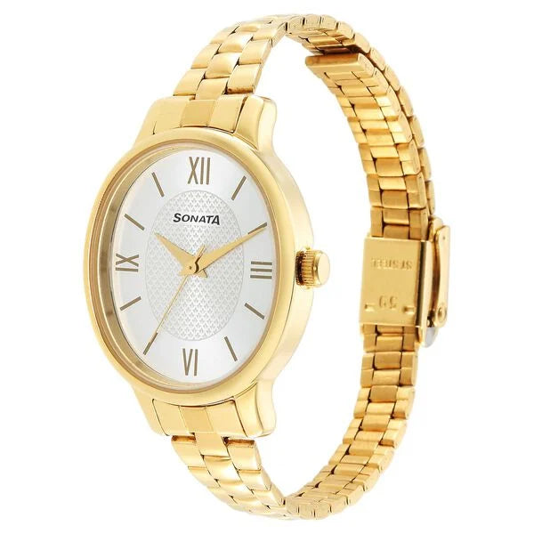 Sonata 8179YM01 | Sonata Classic Gold Silver Dial Metal Strap Watch for Women