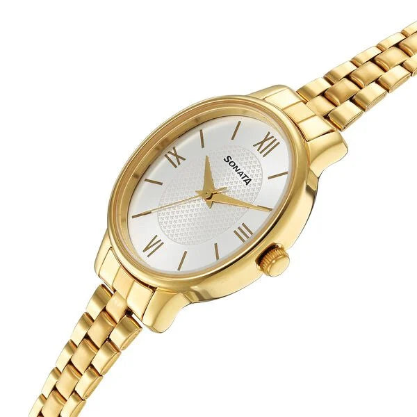 Sonata 8179YM01 | Sonata Classic Gold Silver Dial Metal Strap Watch for Women