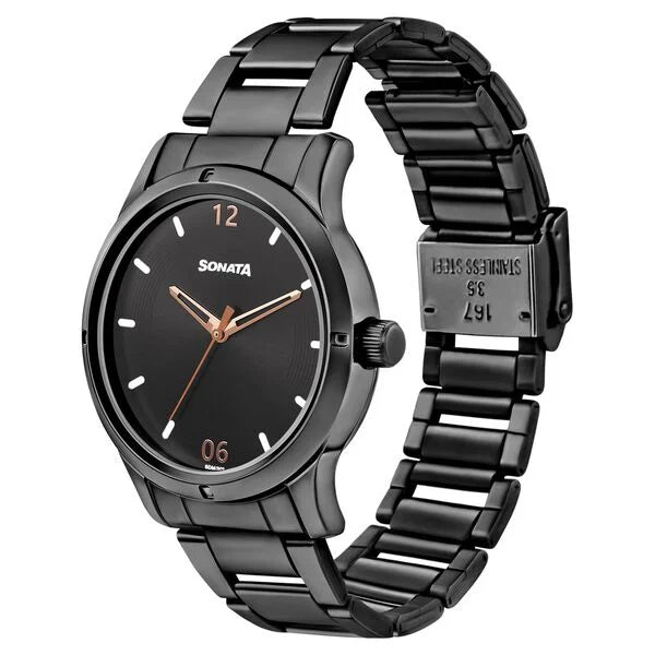 Sonata NS8183NM02 | Sonata Women of Steel Black Dial Stainless Steel Strap Watch for Women