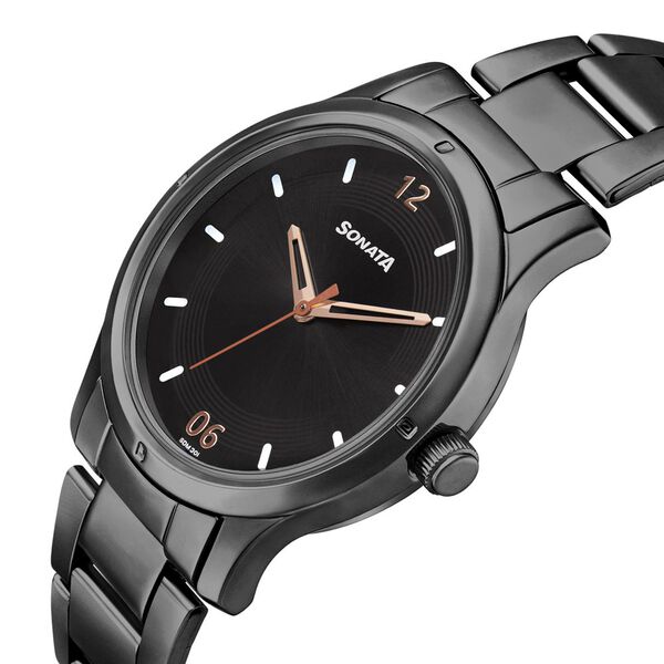Sonata NS8183NM02 | Sonata Women of Steel Black Dial Stainless Steel Strap Watch for Women