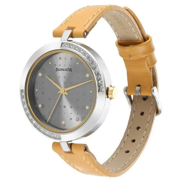 Sonata 8184WL01 | Sonata Utsav Grey Dial Peach Leather Strap Watch for Women