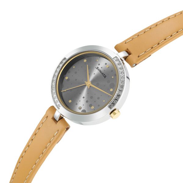 Sonata 8184WL01 | Sonata Utsav Grey Dial Peach Leather Strap Watch for Women