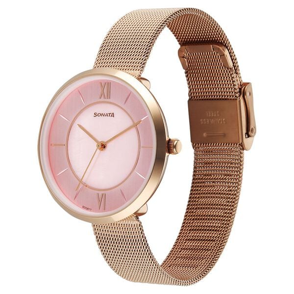 Sonata 8193WM01 | Sonata Modern Edit Quartz Analog Pink Mother of Pearl Dial Stainless Steel Strap Watch For Women