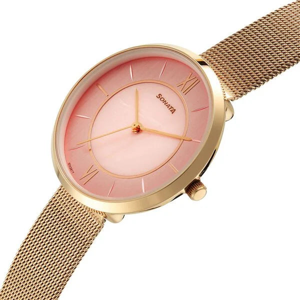 Sonata 8193WM01 | Sonata Modern Edit Quartz Analog Pink Mother of Pearl Dial Stainless Steel Strap Watch For Women