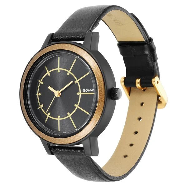 Sonata 87036PL12W | Sonata Pop Black Dial Women Watch With Leather Strap