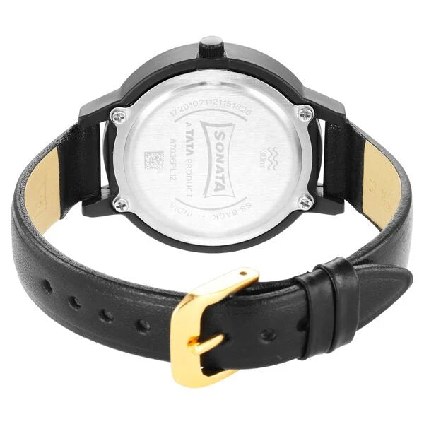 Sonata 87036PL12W | Sonata Pop Black Dial Women Watch With Leather Strap