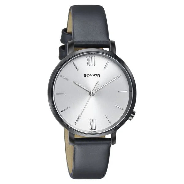 Sonata 87045NL01 | Sonata Elegent Essentials Quartz Analog Silver Dial Leather Strap Watch For Women