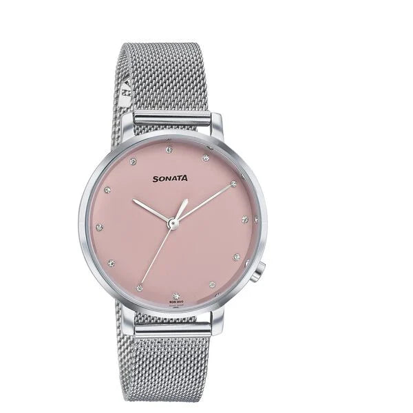 Sonata 87045SM02 | Sonata Elegent Essentials Quartz Analog Pink Dial Stainless Steel Strap Watch For Women