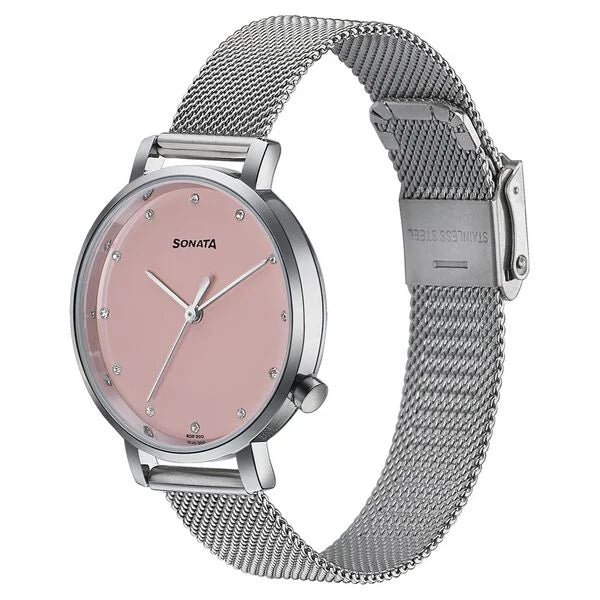 Sonata 87045SM02 | Sonata Elegent Essentials Quartz Analog Pink Dial Stainless Steel Strap Watch For Women
