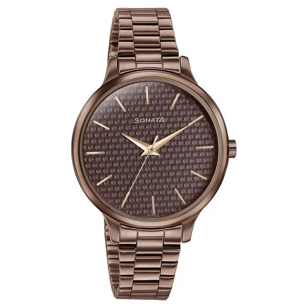 Sonata 87050QM02 | Sonata Wedding Bling Quartz Analog Brown Dial Brown Stainless Steel Strap Watch for Women