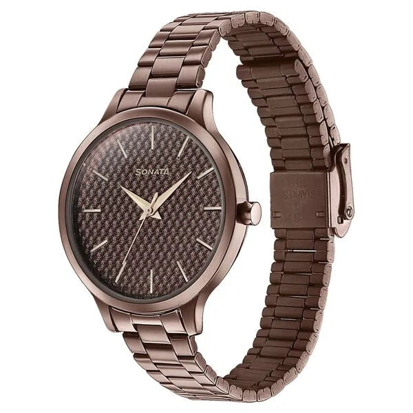 Sonata 87050QM02 | Sonata Wedding Bling Quartz Analog Brown Dial Brown Stainless Steel Strap Watch for Women