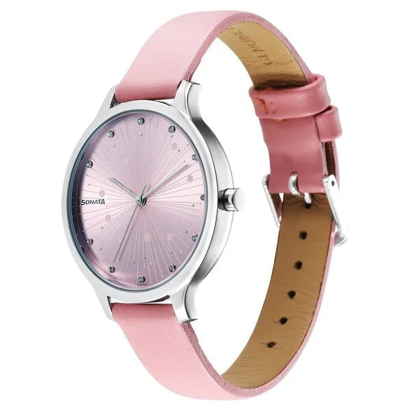 Sonata 87050SL03 | Sonata Blush Quartz Analog Pink dial Leather Strap Watch for Women