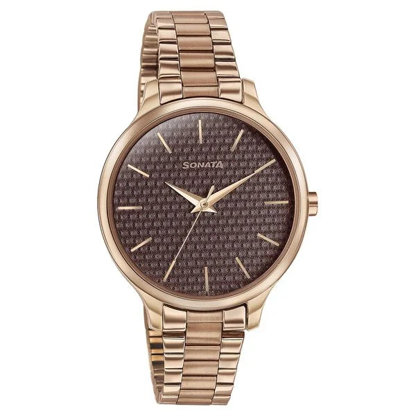 Sonata 87050WM12 | Sonata Wedding Bling Quartz Analog Brown Dial Rose Gold Stainless Steel Strap Watch for Women