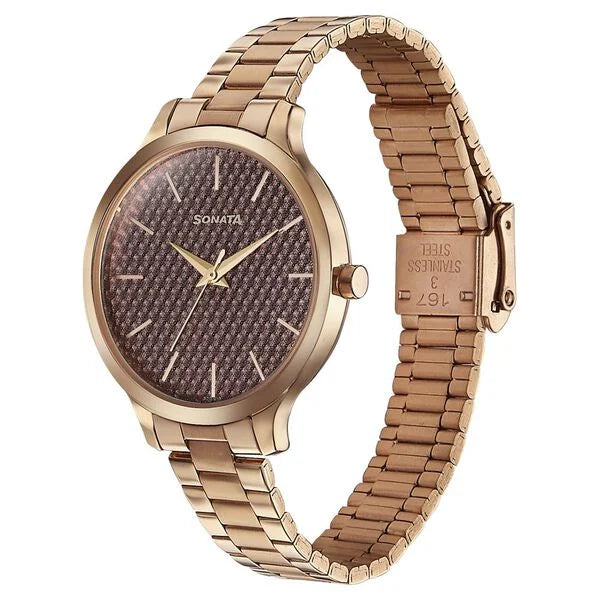 Sonata 87050WM12 | Sonata Wedding Bling Quartz Analog Brown Dial Rose Gold Stainless Steel Strap Watch for Women
