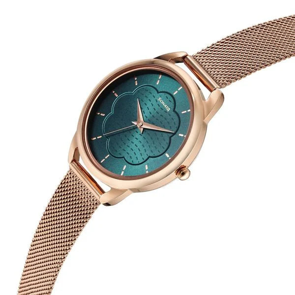 Sonata NS87051WM01 | Sonata Wedding Quartz Analog Green Dial Stainless Steel Strap Watch for Women