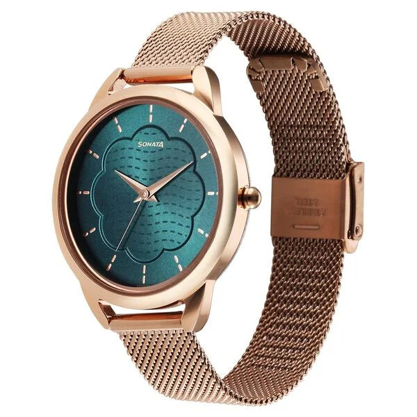 Sonata NS87051WM01 | Sonata Wedding Quartz Analog Green Dial Stainless Steel Strap Watch for Women