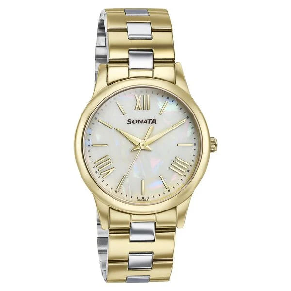 Sonata 87061BM01 | Sonata Glam Gold Quartz Analog Off White Dial Stainless Steel Strap Watch For Women