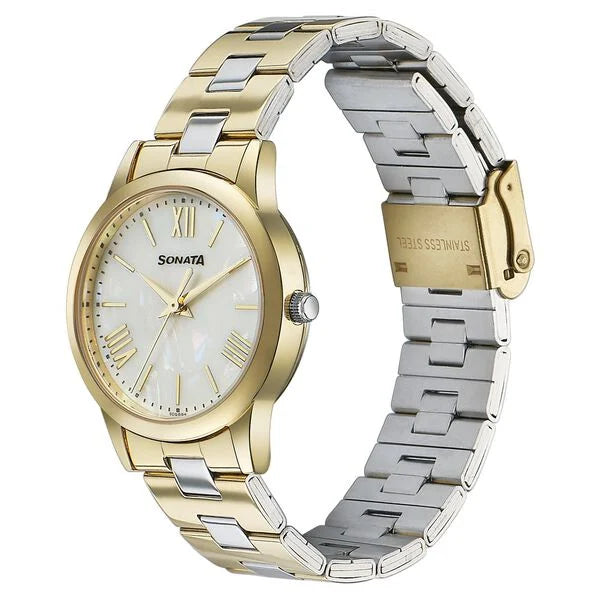 Sonata 87061BM01 | Sonata Glam Gold Quartz Analog Off White Dial Stainless Steel Strap Watch For Women