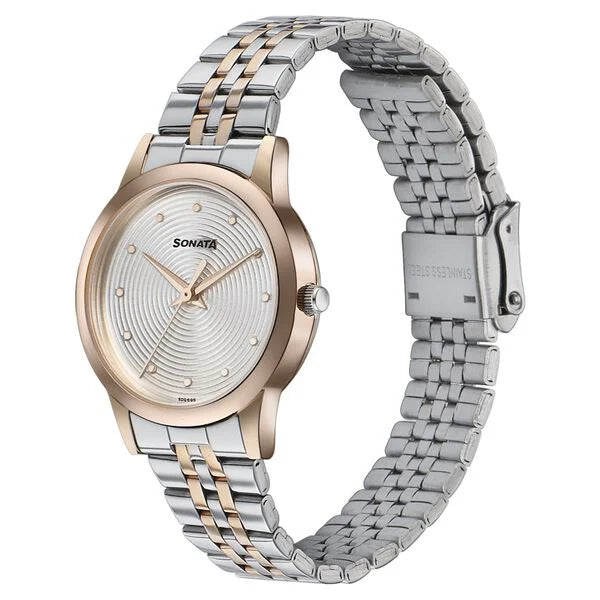 Sonata 87061KM01 | Sonata Glam Gold Quartz Analog Silver Dial Stainless Steel Strap Watch For Women