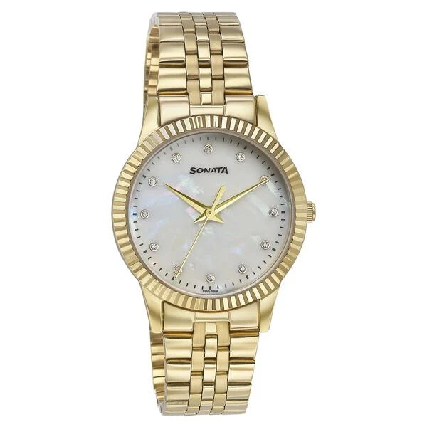 Sonata 87062YM02 | Sonata Glam Gold Quartz Analog Off White Dial Stainless Steel Strap Watch For Women